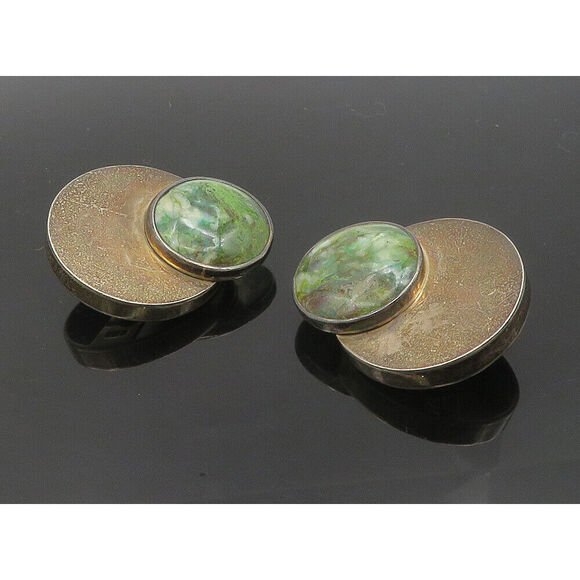 MEXICO 925 Sterling Silver Vintage Green Jasper Non Pierce Earrings EG4671